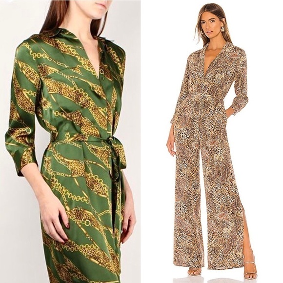 NWT L'AGENCE 70s‎ Silk Chain Leopard Tie Waist Button Up 3/4 Sleeve Jumpsuit S - Picture 6 of 9